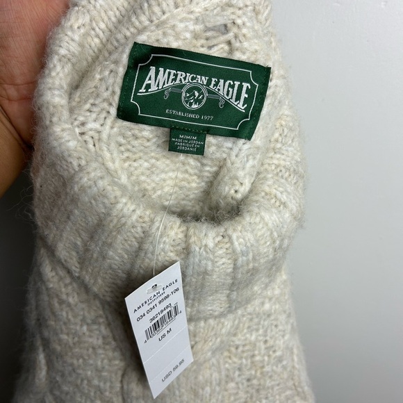 American Eagle M Cable Knit Crop Sweater Fisherman Wool Blend Neutral Turtleneck - Picture 7 of 11